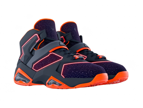 High top athletic sneaker with futuristic design black and orange color mesh upper glowing accents modern style comfortable sporty energetic urban fashion unisex footwear