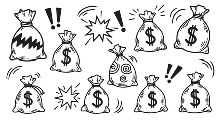 Black and white hand-drawn illustration of money bags with dollar signs and various exclamatory symbols and patterns conveying wealth and excitement.