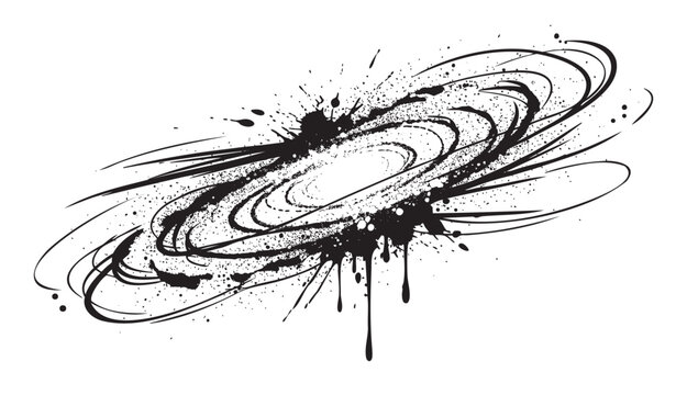 Black ink splatter design in the shape of a galaxy with swirling patterns and dynamic paint droplets.