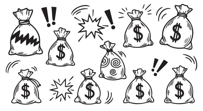 Black and white hand-drawn illustration of money bags with dollar signs and various exclamatory symbols and patterns conveying wealth and excitement.