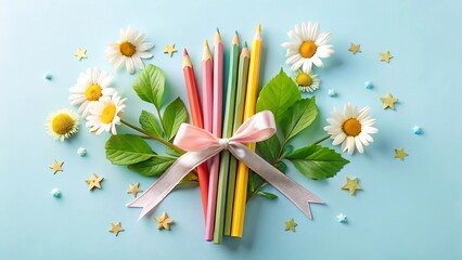 Colored Pencils Tied with Ribbon and Daisies