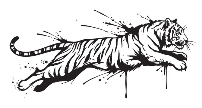 Dynamic black and white ink art of a leaping tiger with splash effects showcasing strength and agility.