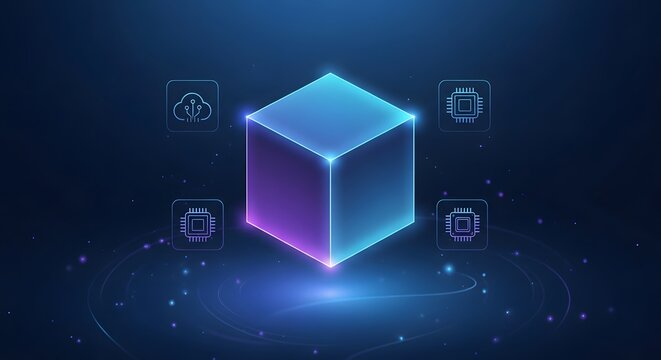 Abstract cube with chip on a blue background