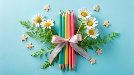 Colored Pencils with Daisies and Pink Ribbon