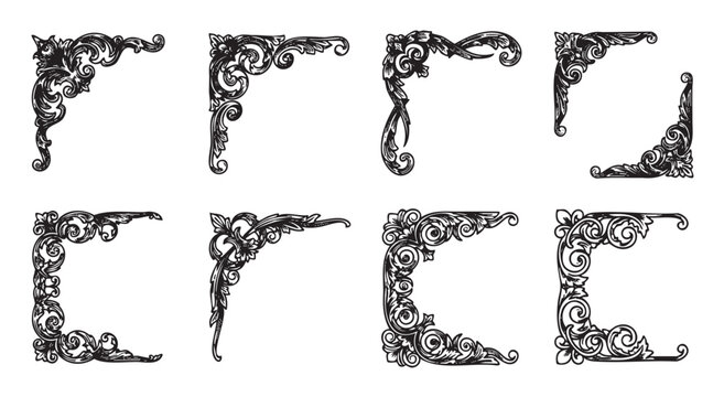 Intricate black ornamental corner designs with floral and vine motifs, showcasing diverse decorative patterns suitable for embellishment.