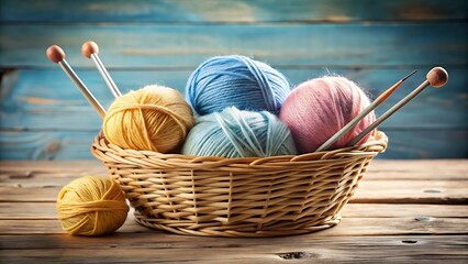Basket of Yarn with Knitting Needles