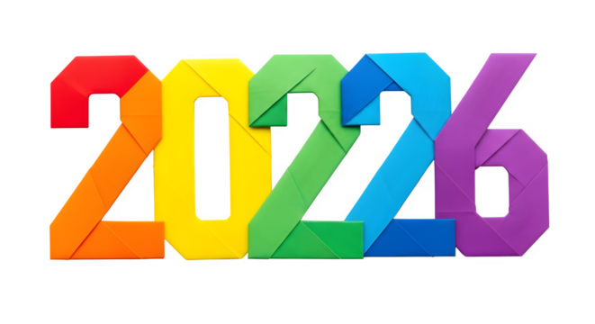 Origami 2026 numbers in rainbow colors isolated on transparent background