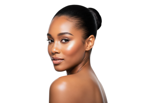 Beautiful Black woman with a sleek bun hairstyle looking over her shoulder