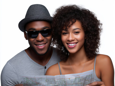 Happy couple exploring with a map in hand during their adventure