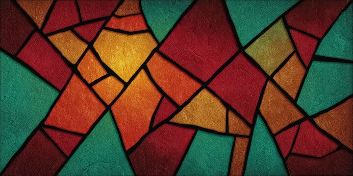 Colorful mosaic of squares and triangles with a yellow center. The colors are red, green, and blue