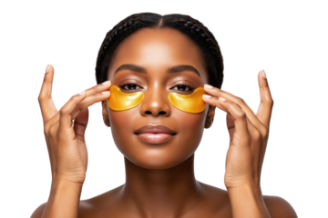 Beautiful young Black woman applying golden under-eye patches for skincare
