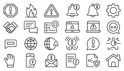 Outline symbol set of messages, reminders, and alerts — clean vector line icons for interface UI UX layouts