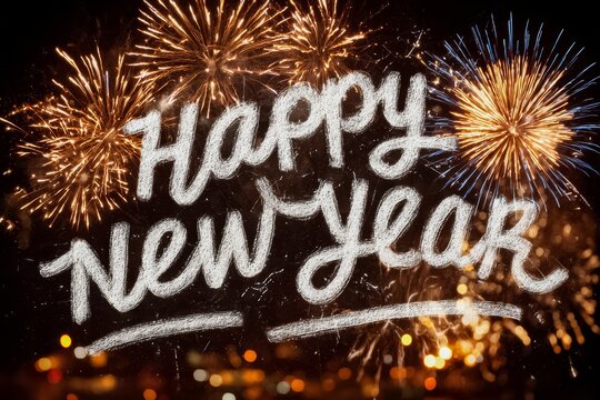 Drawing of fireworks with the words Happy New Year written in cursive. The drawing conveys a sense of celebration