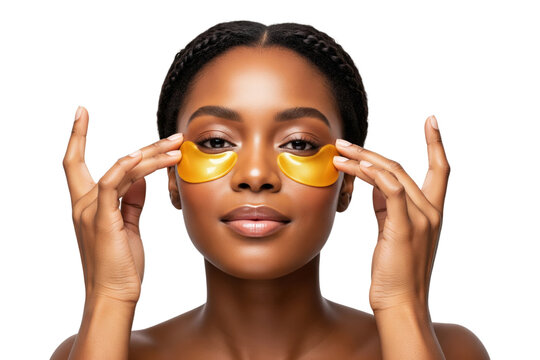 Beautiful young Black woman applying golden under-eye patches for skincare