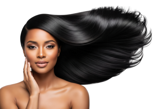 Beautiful African American woman with long, healthy, shiny hair flowing in the air