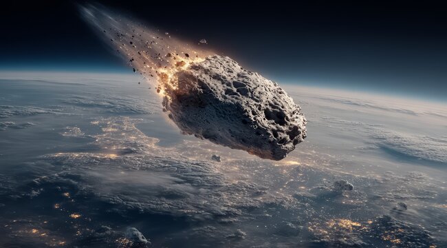Large rock is falling from the sky and creating a lot of debris. The image has a mood of destruction and chaos