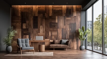 Fototapeta premium Modern office space with a wooden wall and a large window. The room is furnished with a couch, a chair