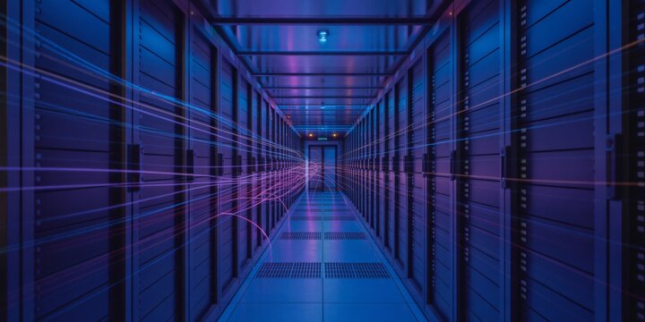 A long corridor within a server room is illuminated by vibrant blue and purple neon lights, with light trails suggesting data flow.