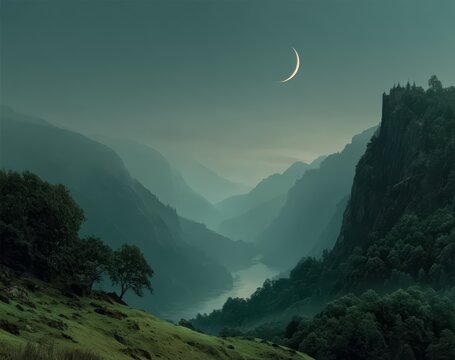 Beautiful mountain range with a river running through it. The sky is filled with a crescent moon. The lush green grass