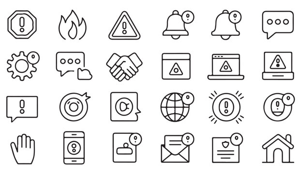 Notification and message outline icons — communication and system alert linear symbols for digital design