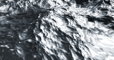 Metallic fluid mercery liquid glowing in a large container tides up and down with texture