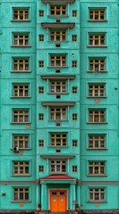 Fototapeta premium Tall building with many windows and a red door. The building is green and yellow