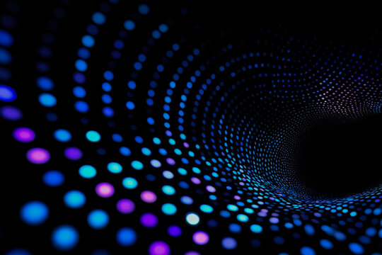 Spiral of blue dots with a black background. The dots are of different sizes and colors, creating a sense of depth