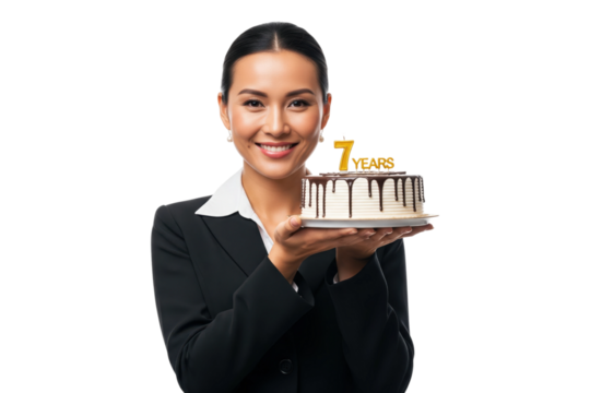 Happy Asian businesswoman celebrating a 7-year work anniversary with a cake