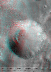 3D anaglyph image of the lunar surface made by the Lunar Reconnaissance Orbiter. Use red-cyan glasses. The exact region is given at the edge of the image. Elements of this image furnished by NASA.