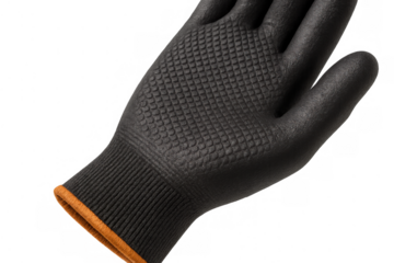 Black work glove with textured palm protecting hand, providing safety and grip for industrial tasks on transparent background