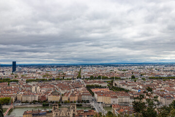Obraz premium Panoramic view of Lyon with beautiful colorful houses on the banks of the Saone river from the Fourviere Hill, Lyon, France