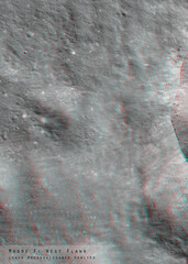 3D anaglyph image of the lunar surface made by the Lunar Reconnaissance Orbiter. Use red-cyan glasses. The exact region is given at the edge of the image. Elements of this image furnished by NASA.