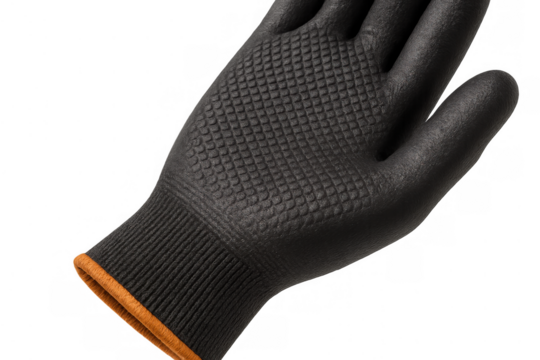 Black work glove with textured palm protecting hand, providing safety and grip for industrial tasks on transparent background