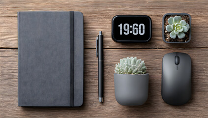 Flat lay of office desk essentials notebook clock pen plant and mouse for productivity and organization