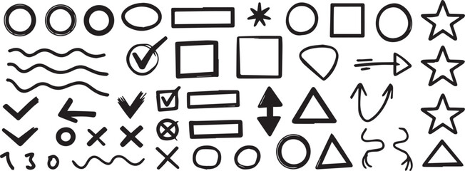 Collection of Hand Drawn Geometric Shapes and Symbols on White Background circle