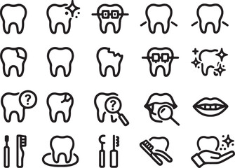 Collection of line art icons representing dental health and care tooth teeth