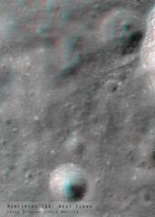 3D anaglyph image of the lunar surface made by the Lunar Reconnaissance Orbiter. Use red-cyan glasses. The exact region is given at the edge of the image. Elements of this image furnished by NASA.