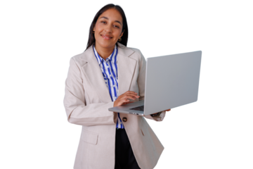 Businesswoman holding laptop, smiling at camera, managing digital work with transparent background