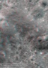 3D anaglyph image of the lunar surface made by the Lunar Reconnaissance Orbiter. Use red-cyan glasses. The exact region is given at the edge of the image. Elements of this image furnished by NASA.