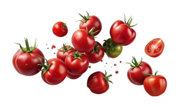An array of fresh ripe and unripe tomatoes on a black backdrop