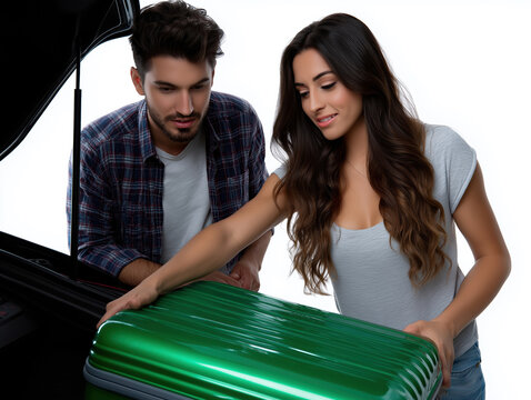 Couple packing a green suitcase in a car trunk before a trip