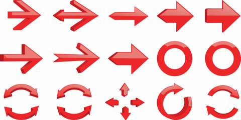 Collection of diverse red glossy 3d arrows and circular arrows indicating direction and movement