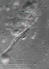 3D anaglyph image of the lunar surface made by the Lunar Reconnaissance Orbiter. Use red-cyan glasses. The exact region is given at the edge of the image. Elements of this image furnished by NASA.