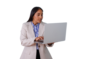 Businesswoman standing and typing on a laptop, focused on work. Transparent background for versatile use