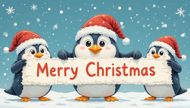 Three cartoon penguins wearing red Santa hats hold a sign that says 'Merry Christmas'. Snowflakes fall in the background, creating a festive winter scene. - Powered by Adobe