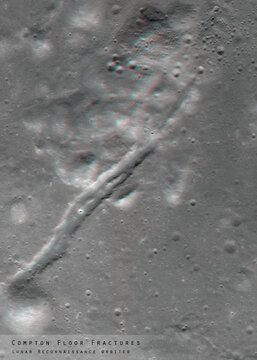 3D anaglyph image of the lunar surface made by the Lunar Reconnaissance Orbiter. Use red-cyan glasses. The exact region is given at the edge of the image. Elements of this image furnished by NASA.