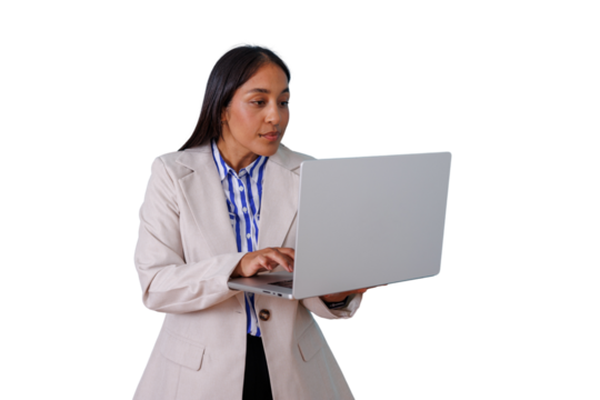 Businesswoman standing and typing on a laptop, focused on work. Transparent background for versatile use