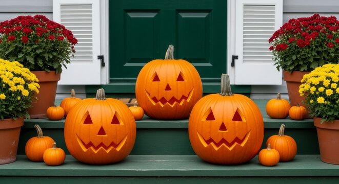 Halloween Pumpkin Display: Halloween pumpkins with carved faces creating a spooky festive atmosphere, arranged artfully with colorful seasonal decorations and vibrant background