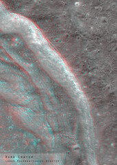 3D anaglyph image of the lunar surface made by the Lunar Reconnaissance Orbiter. Use red-cyan glasses. The exact region is given at the edge of the image. Elements of this image furnished by NASA.
