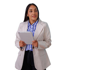Professional indian businesswoman holding tablet looking away, confident corporate headshot for digital communication and technology